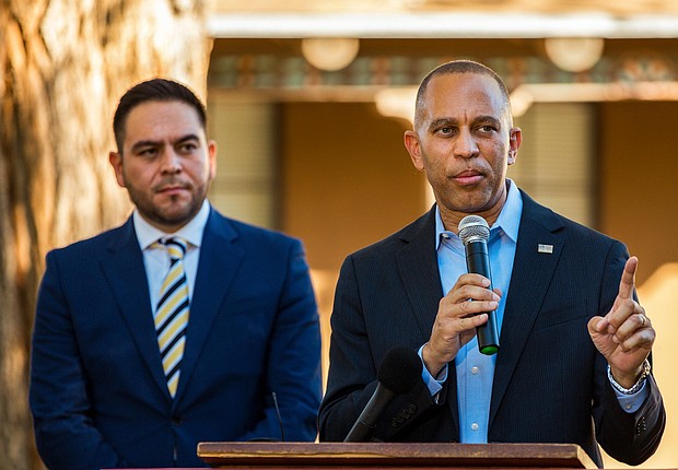 Rep. Gabe Vasquez watches as Jeffries speaks during a news conference in Albuquerque, New Mexico, on October 3.
Mandatory Credit:	Anna Padilla/Bloomberg/Getty Images via CNN Newsource