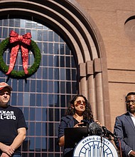 Political and Communications Director Jay Malone, International Alliance of Theater Stage Hands (IATSE) Mark Grady, Harris County Judge Lina Hidalgo(center), and Harris County Attorney Christian Menefee