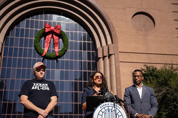 Political and Communications Director Jay Malone, International Alliance of Theater Stage Hands (IATSE) Mark Grady, Harris County Judge Lina Hidalgo(center), and Harris County Attorney Christian Menefee