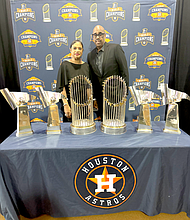 Kim Gagne and Emilian White with Houston Astros Awards at the 2024 Astros Foundation Diamond Dreams Gala at Minute Maid Park.