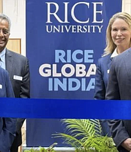 (From left to right) Amy Dittmar, Howard R. Hughes Provost and executive vice president for academic affairs; Ramamoorthy Ramesh, executive vice president for research; Caroline Levander, vice president for global; Reginald DesRoches, president.