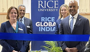 (From left to right) Amy Dittmar, Howard R. Hughes Provost and executive vice president for academic affairs; Ramamoorthy Ramesh, executive vice president for research; Caroline Levander, vice president for global; Reginald DesRoches, president.