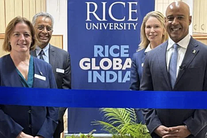 (From left to right) Amy Dittmar, Howard R. Hughes Provost and executive vice president for academic affairs; Ramamoorthy Ramesh, executive vice president for research; Caroline Levander, vice president for global; Reginald DesRoches, president.