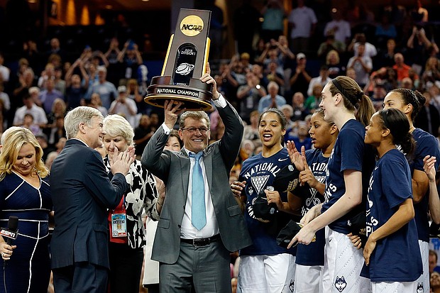 Geno Auriemma celebrates one of his 11 national championships in 2015.
Mandatory Credit:	Mike Carlson/Getty Images via CNN Newsource