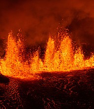 A volcano near Iceland’s capital erupted on Wednesday night, becoming the seventh such event in the area since December.
Mandatory Credit:	Marco di Marco/AP via CNN Newsource