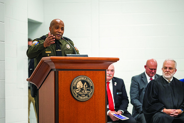 Col. Edward F. Carpenter Jr. gives remarks after being sworn in as the Chesterfield County Police Department’s ninth police chief.