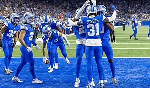 Lions players celebrate after an interception during the team's big win over the Jaguars.
Mandatory Credit:	David Reginek/USA TODAY Sports/Reuters via CNN Newsource