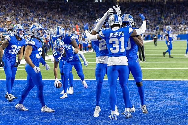 Lions players celebrate after an interception during the team's big win over the Jaguars.
Mandatory Credit:	David Reginek/USA TODAY Sports/Reuters via CNN Newsource