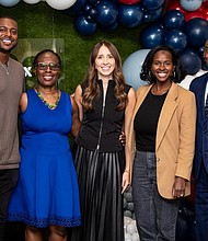 (l-r) Brandon Copeland, Professor Jean Wells, Esq., CPA, Sara Chima (Robinhood), Mary Elizabeth Taylor (Robinhood), and Howard School of Business Dean Anthony Wilbon at a Robinhood Markets Money Drills program announcement, extending comprehensive financial education to student-athletes at Howard's School of Business.