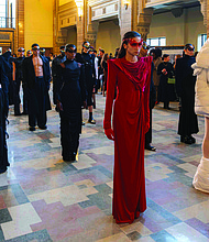 Noel Suigens presented a fashion collection during “Flowism” at DECO at CNB on Broad Street. Part of the former downtown bank’s first floor was transformed into an art gallery and high-fashion runway on Saturday, Nov. 16, drawing about 100 attendees.