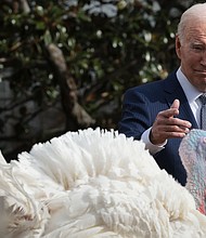 President Joe Biden pardons the National Thanksgiving turkeys Liberty and Bell during a ceremony on the South Lawn of the White House in November 2023, in Washington. Biden is gearing up to utilize his presidential pardon power for fowl reasons.
Mandatory Credit:	Win McNamee/Getty Images via CNN Newsource