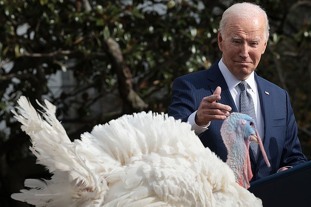 President Joe Biden pardons the National Thanksgiving turkeys Liberty and Bell during a ceremony on the South Lawn of the White House in November 2023, in Washington. Biden is gearing up to utilize his presidential pardon power for fowl reasons.
Mandatory Credit:	Win McNamee/Getty Images via CNN Newsource