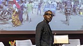 Architect Mario Gooden speaks during the Nov. 15 panel discussion, "Black Architecture: Critical Perspectives on Black Spatial Thinking," at the ICA at VCU. The event, part of the "Dear Mazie" exhibition, explored the legacy and future of Black architecture.  Julianne Tripp Hillian/Richmond Free Press