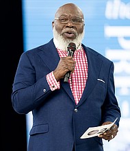 Bishop T.D. Jakes speaks during Woman Evolve 2024 at Globe Life Field on September 26 in Arlington, Texas. Jakes had a “slight health incident” while delivering a lengthy sermon on November 25.
Mandatory Credit:	Eugenia R. Washington/Getty Images via CNN Newsource