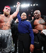 Jake Paul is announced as the winner against Mike Tyson at AT&T Stadium on November 15.
Mandatory Credit:	Al Bello/Getty Images via CNN Newsource