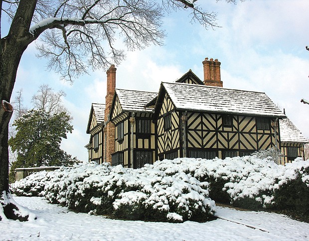 Agecroft Hall, covered in snow, will host its free Yuletides open house on Dec. 8 from noon to 5 p.m. The event features holiday crafts, historic tours, and a visit from Father Christmas.