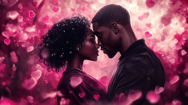 a cute beautiful black african american couple cuddling hugging and kissing each other on a romantic day at valentines day 14th february. wallpaper background hyper realistic --ar 16:9 --v 6.1 Job ID: 935bc04b-1b85-4c80-ac11-add710081930