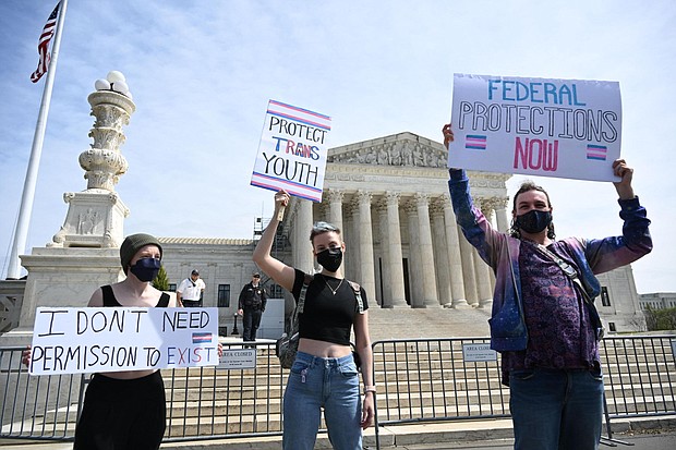 Activists for transgender rights gather in front of the US Supreme Court in Washington, DC on April 1, 2023.
Mandatory Credit:	Andrew Caballero-Reynolds/AFP/Getty Images/File via CNN Newsource