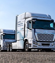 Hyundai XCIENT fuel cell trucks are photographed at the Port of Brunswick, Georgia in Sept. 2024.