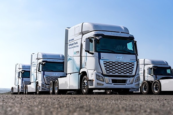 Hyundai XCIENT fuel cell trucks are photographed at the Port of Brunswick, Georgia in Sept. 2024.