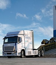 Hyundai XCIENT fuel cell trucks are photographed at the Port of Brunswick, Georgia in Sept. 2024.