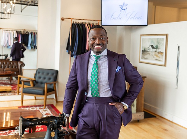 Andre’ McLaughlin, owner and designer of Andre’ Julius, stands in his Richmond showroom, where he provides custom suits and tuxedos through personalized, appointment-only sessions.