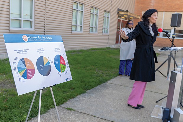 RPS Chief Operating Officer Dana Fox led a tour of the reconstructed courtyard wall at John Marshall High School on Monday, Dec. 2. Fox also discussed RPS’s recently completed facility conditions assessments and future construction needs.