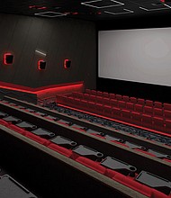 A rendering of a renovated theater at Movieland at Boulevard Square. The renovation includes luxury recliners, larger screens and a family-friendly arcade.