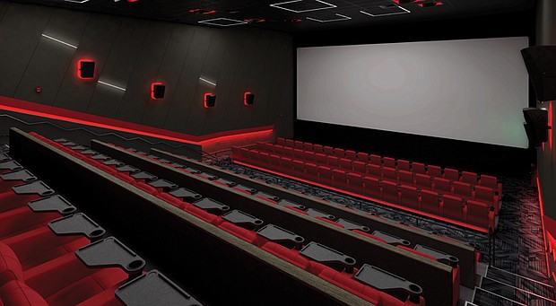 A rendering of a renovated theater at Movieland at Boulevard Square. The renovation includes luxury recliners, larger screens and a family-friendly arcade.