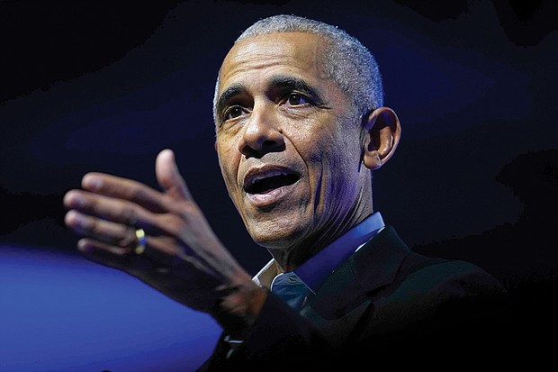 Former President Barack Obama speaks Dec. 5 at the Obama Foundation’s Democracy Forum in Chicago.