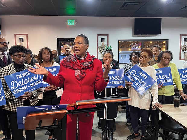 Delegate Delores L. McQuinn, D-Henrico, announces her bid for reelection at Trevor’s Grill and Tavern on Tuesday afternoon.