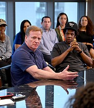NFL Commissioner Roger Goodell and businessman and rapper Jay-Z in New York in 2019.
Mandatory Credit:	Kevin Mazur/Getty Images via CNN Newsource