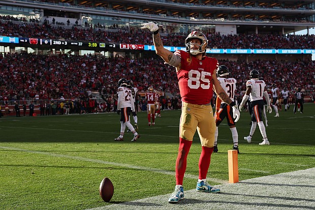 49ers tight end George Kittle had 151 receiving yards in the win over the Bears.
Mandatory Credit:	Ezra Shaw/Getty Images via CNN Newsource