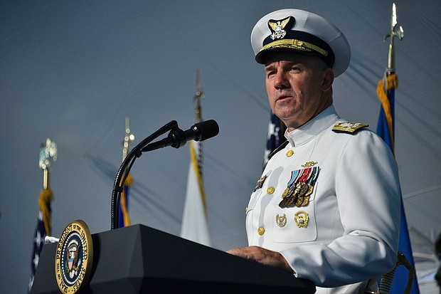 Adm. Karl Schultz speaks during a change of command ceremony at Coast Guard Headquarters in Washington, DC, in June 2018.
Mandatory Credit:	Petty Officer 1st Class Patrick/US Coast Guard/File via CNN Newsource