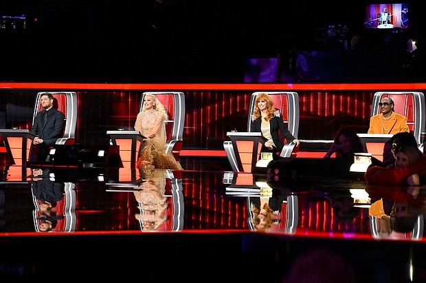 "The Voice" coaches Michael Bublé, Gwen Stefani, Reba McEntire and Snoop Dogg.
Mandatory Credit:	Griffin Nagel/NBC via CNN Newsource