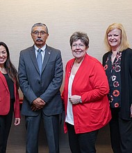 Representing the interests of general law cities, Councilmember and Mayor Pro-Tem Joe Garcia of Pattison (center-left) and Councilmember Nancy Arnold of Waller (center-right) have been elected voting members of the H-GAC Board.


﻿Their alternates are Councilmember and Mayor Pro-Tem Teresa Vazquez Evans of Kemah (left) and Councilmember Susan Schwartz of Bunker Hill (right). General law cities operate according to specific state statutes that define their power and duties.