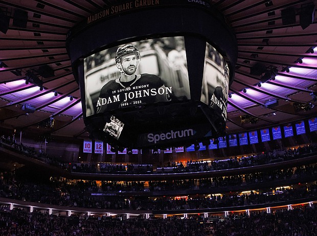 The New York Rangers and the Carolina Hurricanes hold a moment of silence for Adam Johnson prior to their game at Madison Square Garden on November 2, 2023, in New York City.
Mandatory Credit:	Bruce Bennett/Getty Images via CNN Newsource