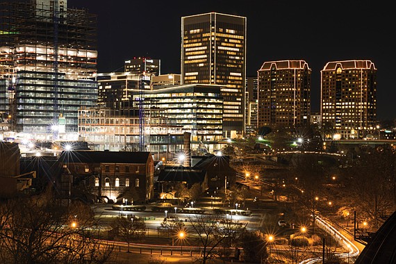 Richmond city lights up for the holidays, as seen from the Belvedere Bridge. The tradition of lighting the skyline returned on Dec. 6.