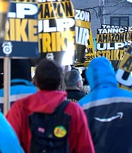 Workers strike outside an Amazon fulfillment center in Queens, New York, on Thursday, December 19.
Mandatory Credit:	WABC via CNN Newsource