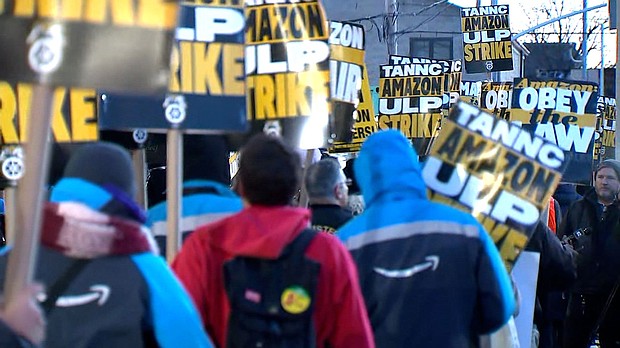 Workers strike outside an Amazon fulfillment center in Queens, New York, on Thursday, December 19.
Mandatory Credit:	WABC via CNN Newsource