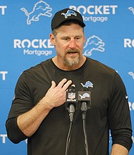 Detroit Lions head coach Dan Campbell speaks at a news conference after a] game against the Buffalo Bills, Sunday, Dec. 15, in Detroit.