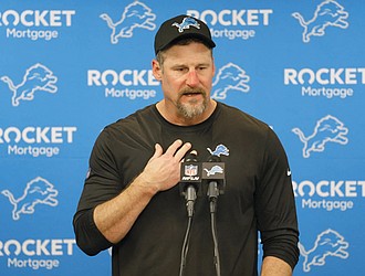 Detroit Lions head coach Dan Campbell speaks at a news conference after a] game against the Buffalo Bills, Sunday, Dec. 15, in Detroit.