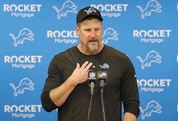 Detroit Lions head coach Dan Campbell speaks at a news conference after a] game against the Buffalo Bills, Sunday, Dec. 15, in Detroit.