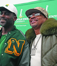 Michael Vick was joined by former NBA player and Hampton native Allen Iverson at the press conference.