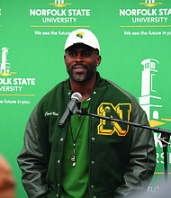 Michael Vick is introduced as the head coach of the Norfolk State University Football Team during a press conference on Monday, Dec. 23.