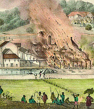 This painting, by Adolphe Duperly, depicts the devastation of the Roehampton plantation during the Jamaican slave rebellion, known as the Baptist War, which took place in 1831-1832.