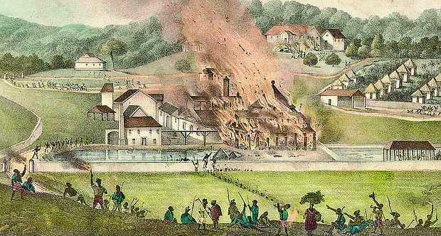 This painting, by Adolphe Duperly, depicts the devastation of the Roehampton plantation during the Jamaican slave rebellion, known as the Baptist War, which took place in 1831-1832.