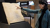 Sharon Liberman Mintz, Sotheby’s Judaica specialist for books and manuscripts, discusses the oldest complete tablet of the Ten Commandments, a 115-pound artifact more than 1,700 years old, sold at Sotheby’s in New York on Dec. 18.