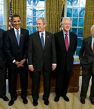 From left, former President George H.W. Bush, then-President-elect Barack Obama, President George W. Bush, former President Bill Clinton, and former President Jimmy Carter in the White House in January 2009.
Mandatory Credit:	Saul Loeb/AFP/Getty Images via CNN Newsource