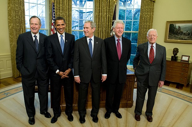 From left, former President George H.W. Bush, then-President-elect Barack Obama, President George W. Bush, former President Bill Clinton, and former President Jimmy Carter in the White House in January 2009.
Mandatory Credit:	Saul Loeb/AFP/Getty Images via CNN Newsource